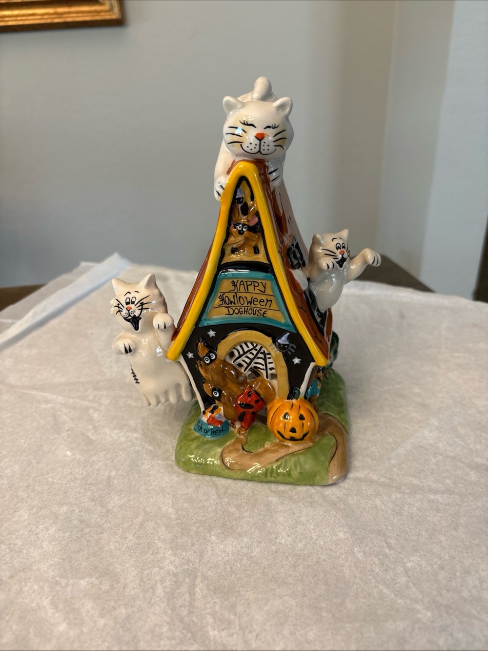 Blue Sky Clayworks Happy Halloween Doghouse Dachshund And Cats Candle House